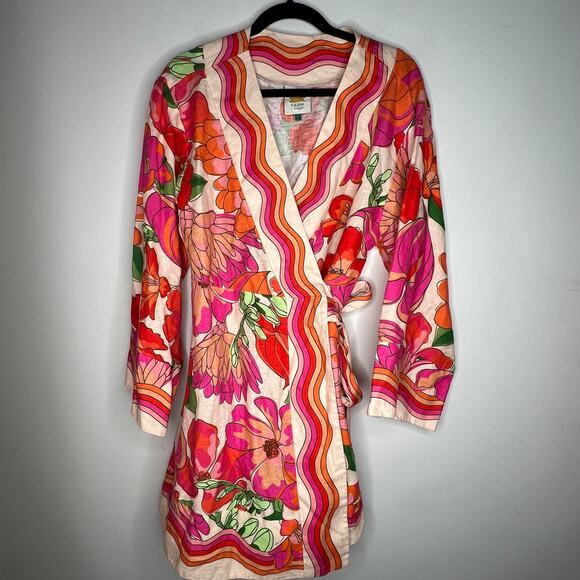 Farm Rio Floral Linen Wrap Mini Dress Size Large - Picture 3 of 9